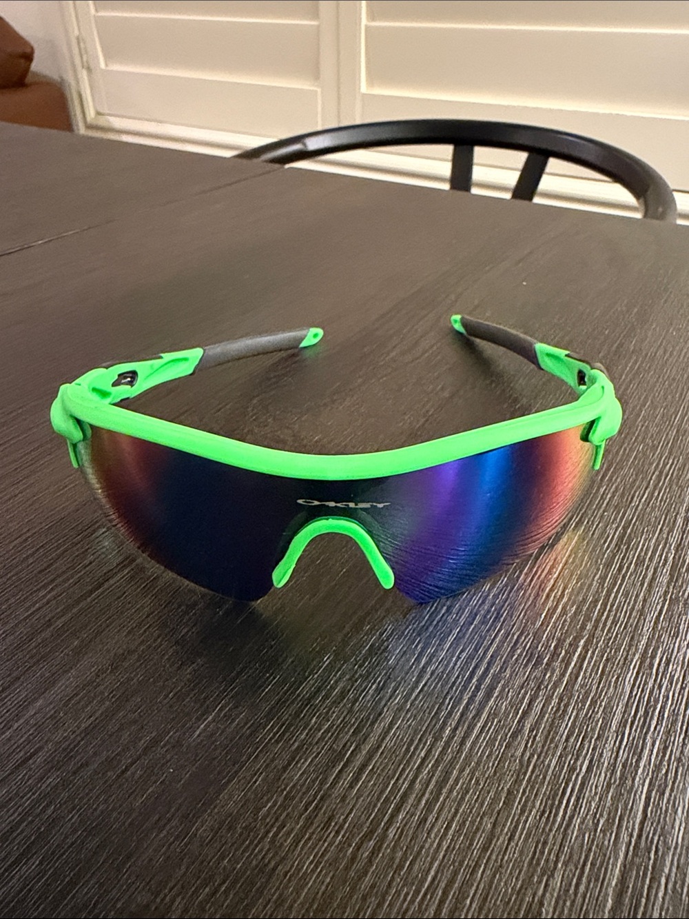 Oakley Neon Green Frame Sports Sunglasses with Mirrored Rainbow Lens